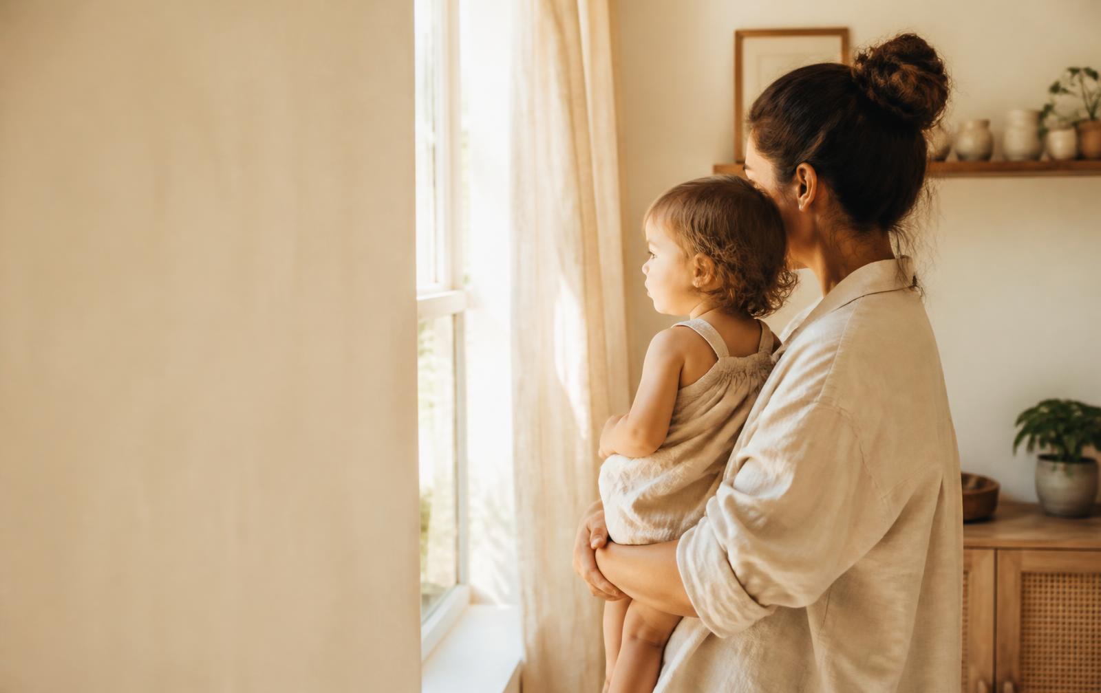 Parents talking with a nanny in their living room