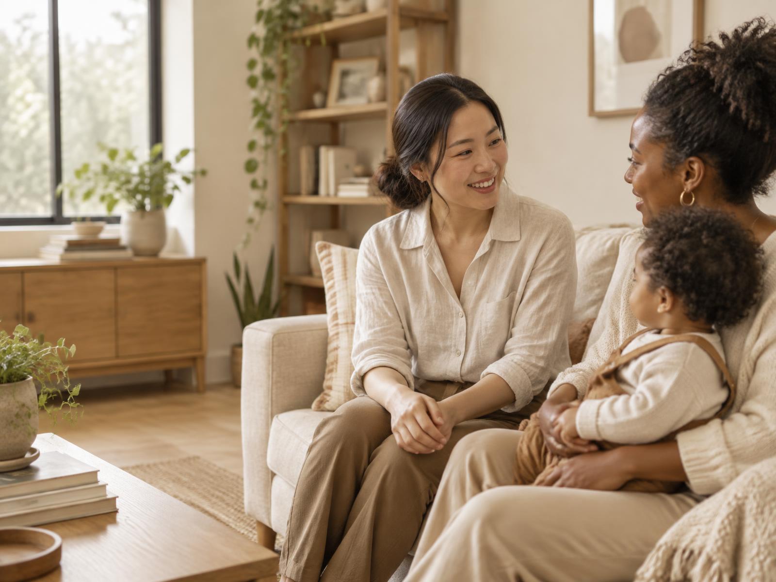 A nanny talking with a parent holding her toddler in their living room