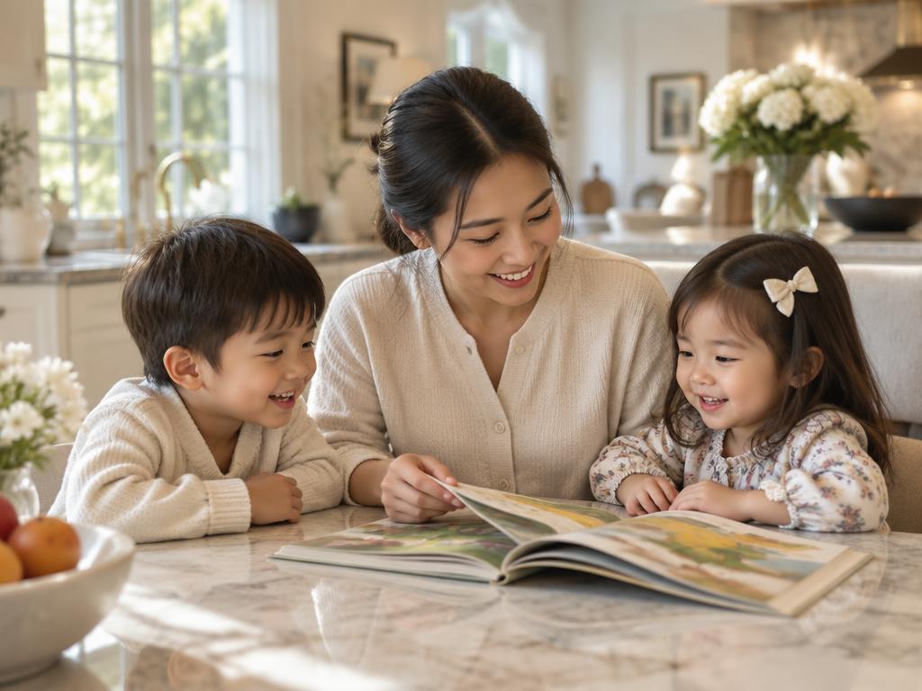A full-time nanny reading with two children at a kitchen table