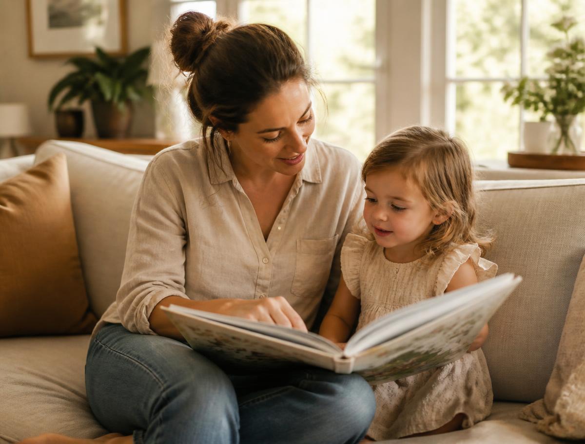 A full-time nanny reading with two children at a kitchen table