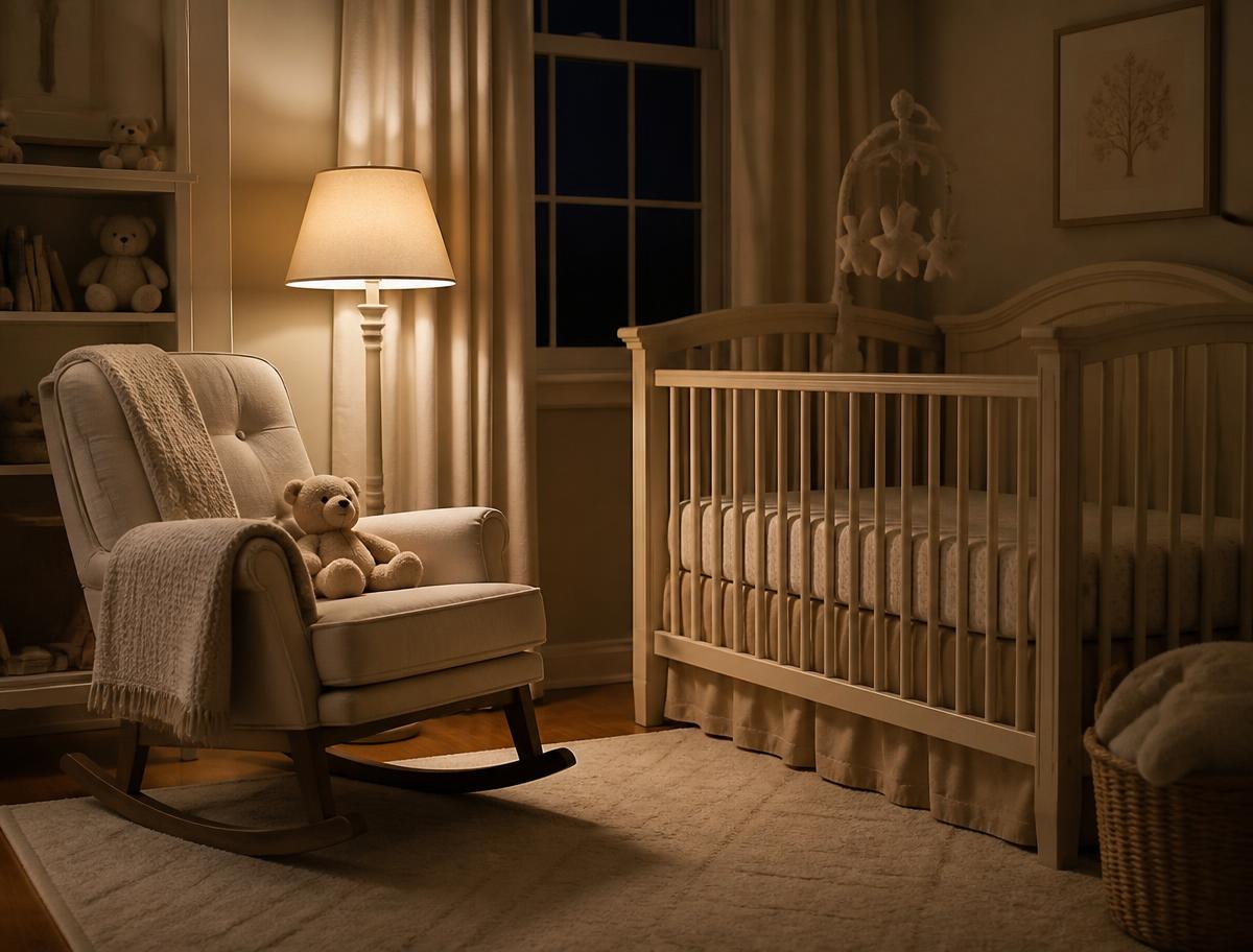 An overnight nanny holding a sleeping newborn in a softly lit nursery