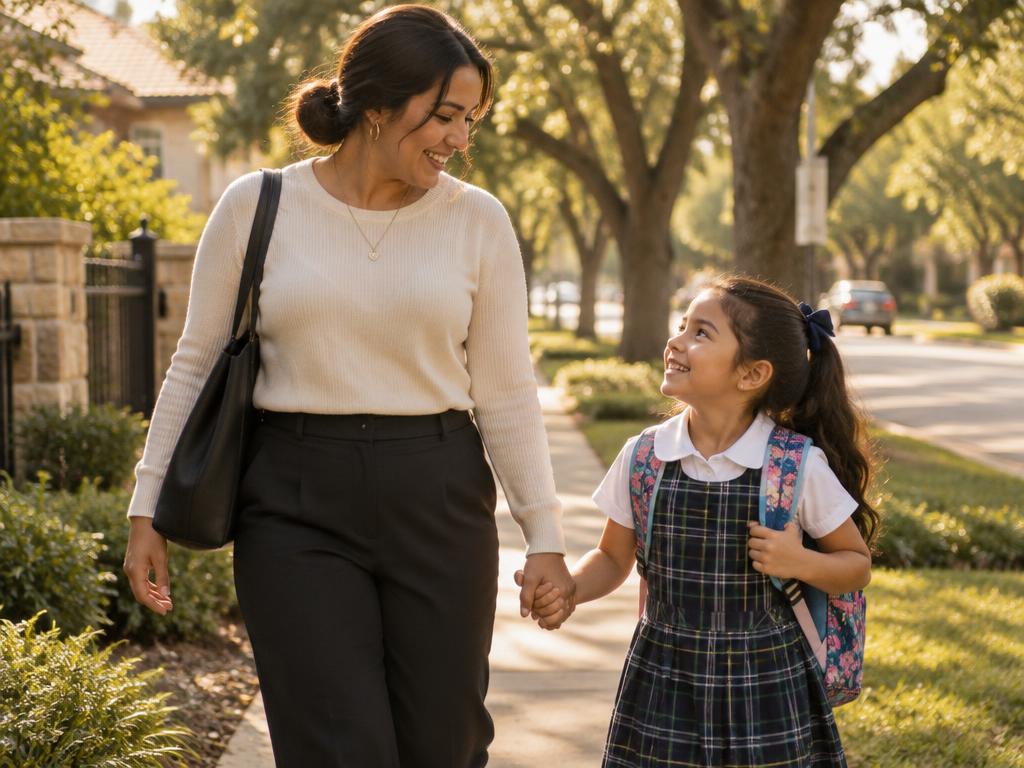 A part-time nanny walking a child home from school